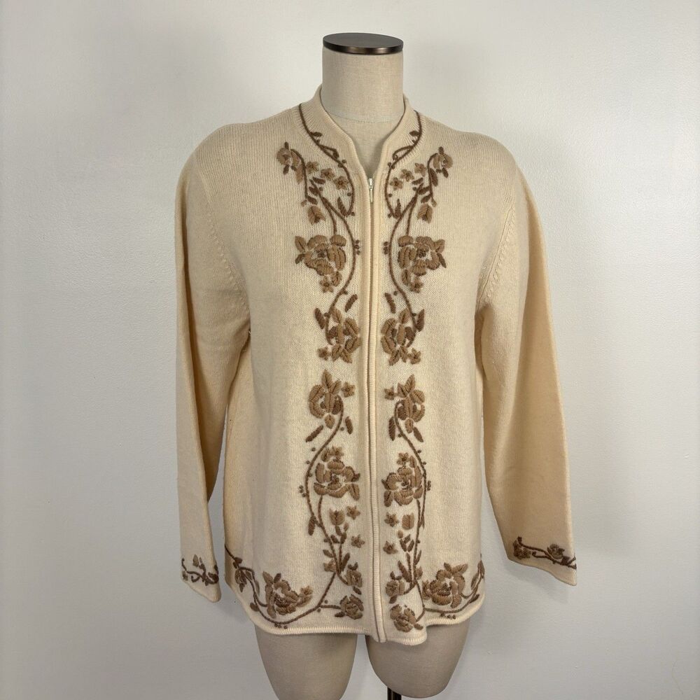 Coldwater Creek Womens XL Cream 100% Lambswool Floral Embroidered Full Zip
